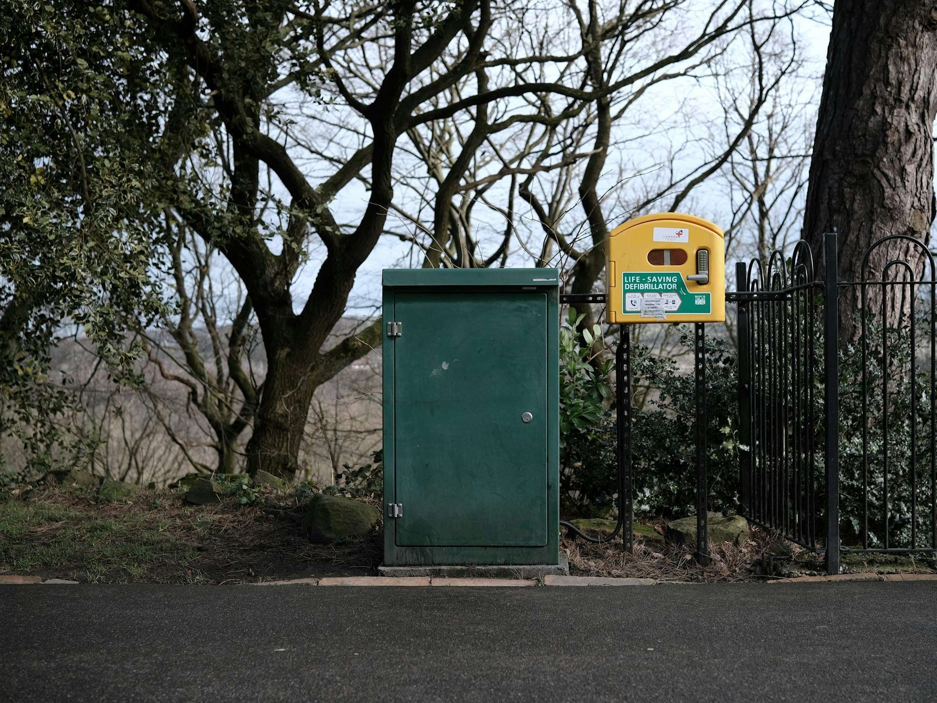 defibrillator, captured during the day at Beaumont Park, Huddersfield, UK