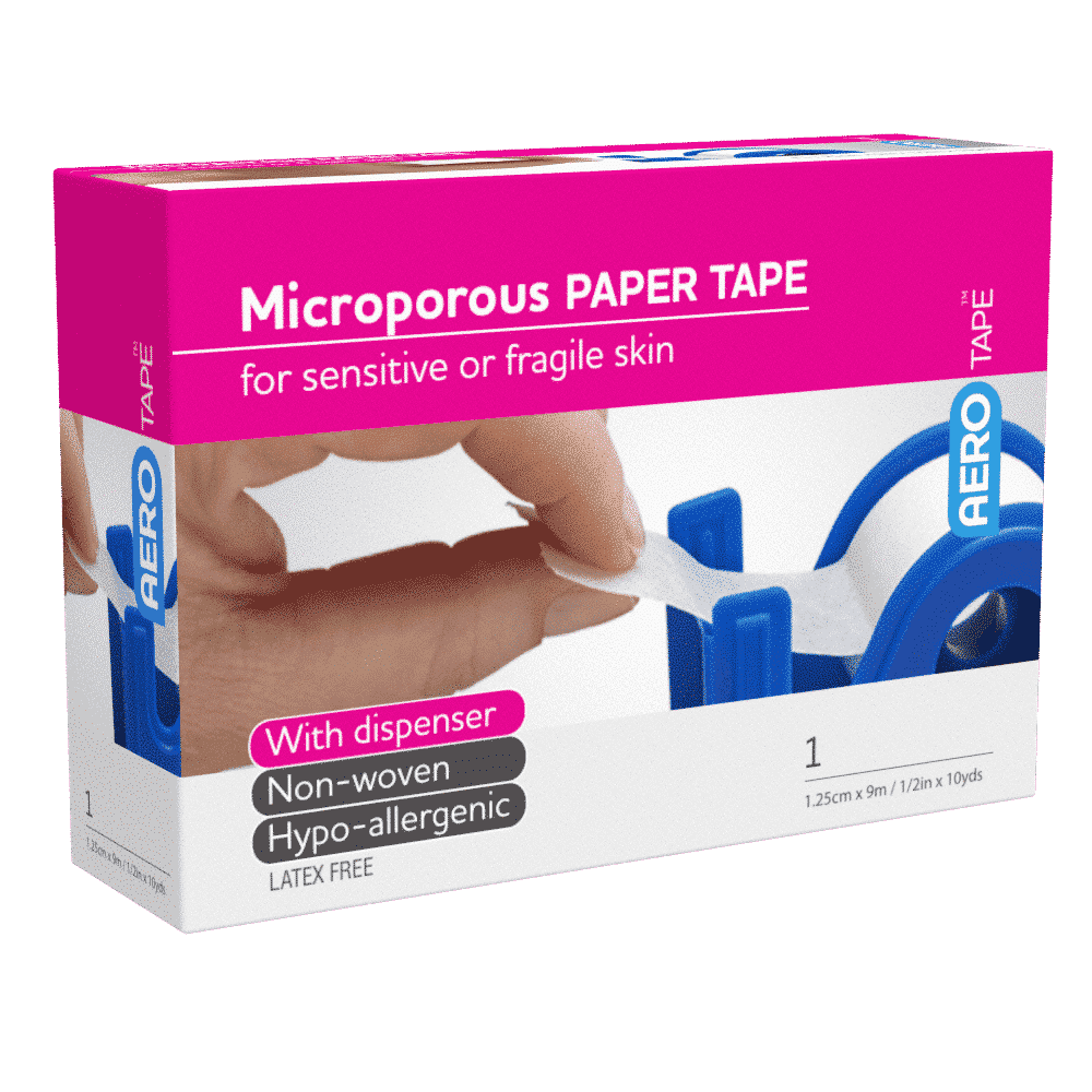 AEROTAPE White Microporous Paper Tape with Dispenser 1.25cm x 9.1M Box/12
