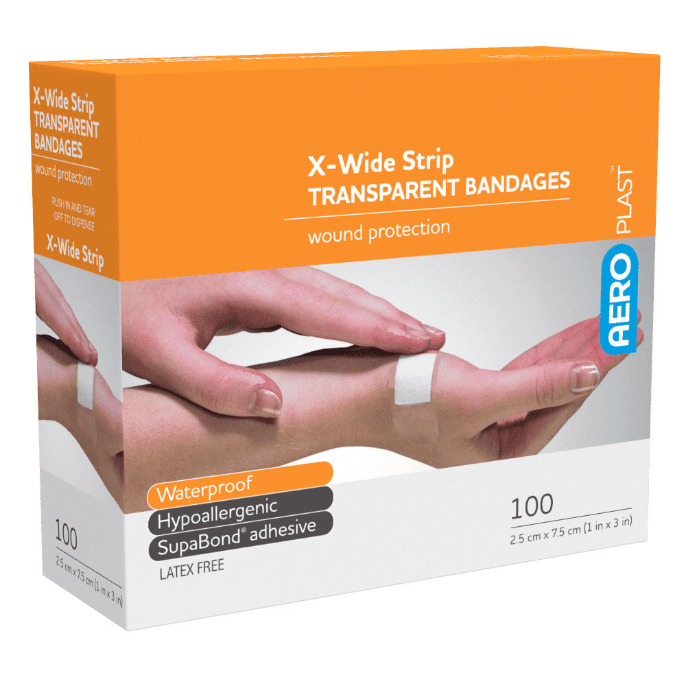 AEROPLAST Transparent X-Wide Strip 7.5 x 2.5cm Box/100